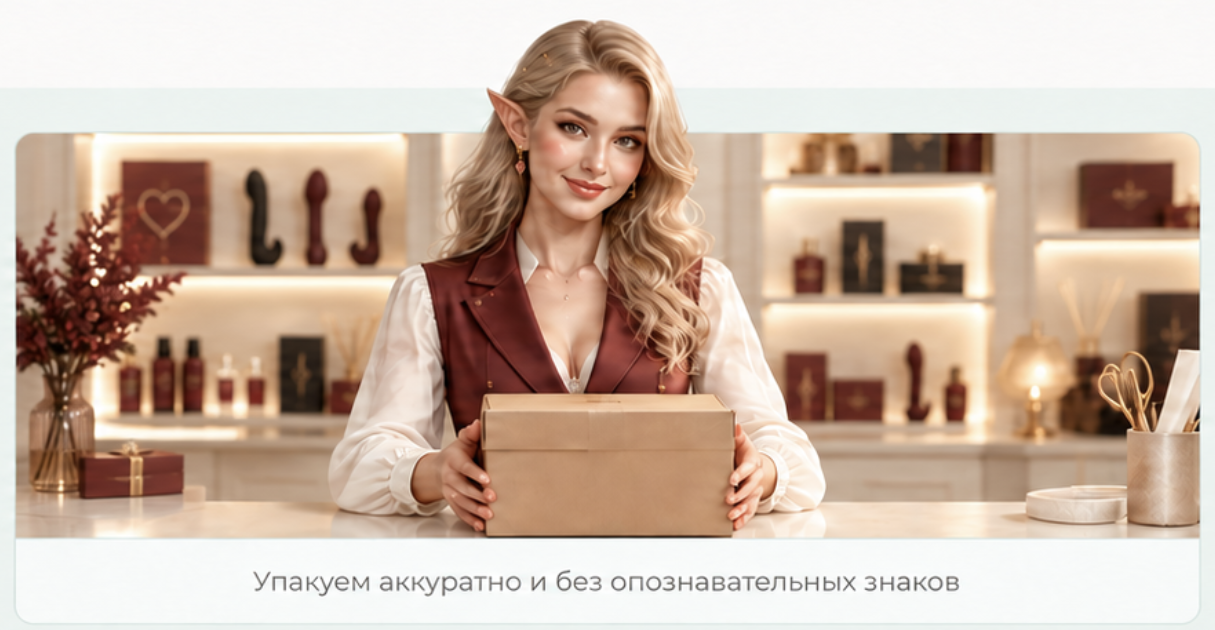 Конфиденциальная упаковка заказа в Стрелец 69: эльфийка держит нейтральную коробку