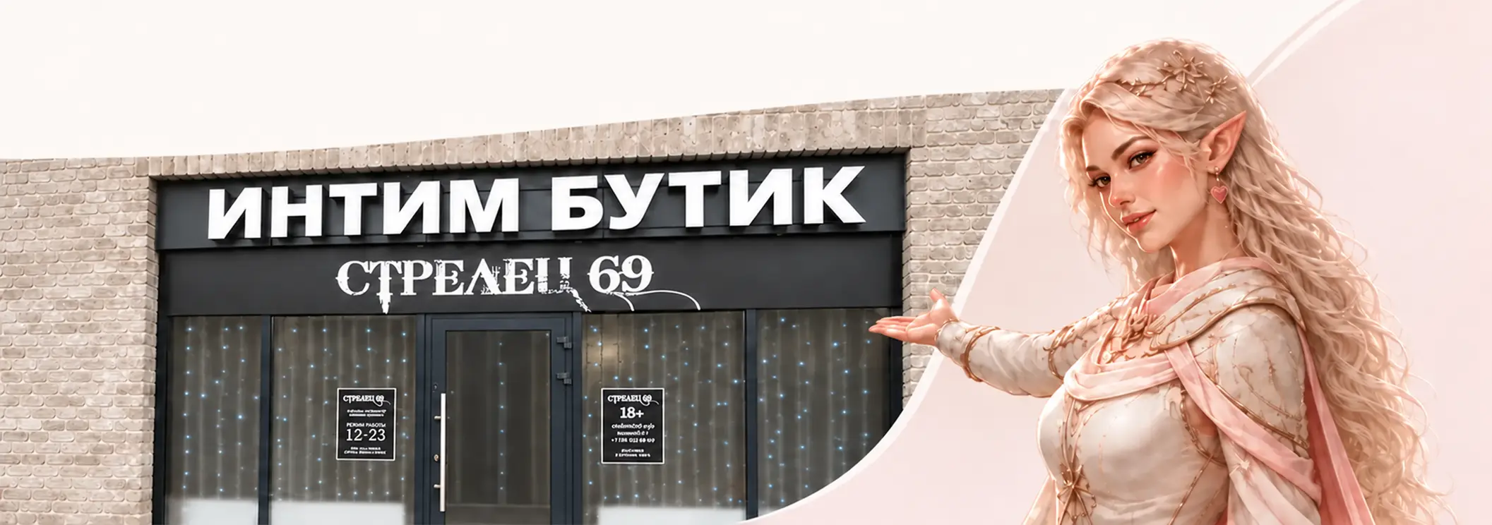 Наш магазин Стрелец 69 и эльфийка, приглашающая посетителей